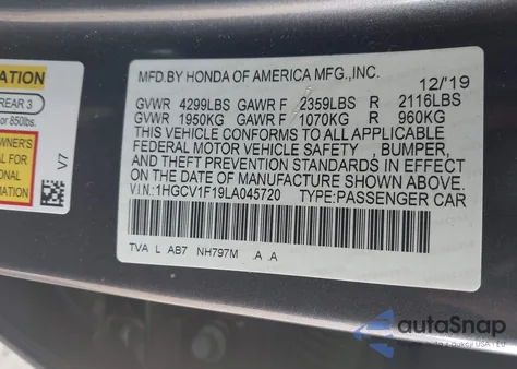 2020 Honda Accord Lx z USA, uszkodzony, nr VIN 1HGCV1F19LA045720